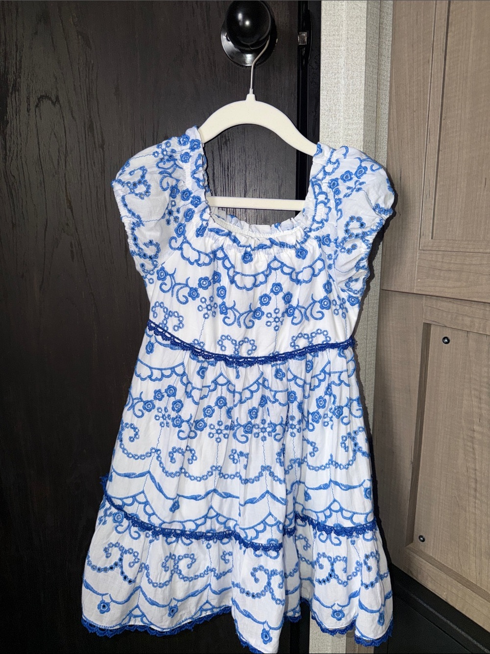 Rare Editions White Dress with Blue Embroidery